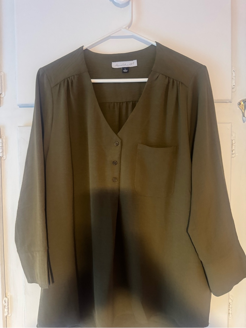 KEREN hart Olive Green V-Neck Button Front Tunic